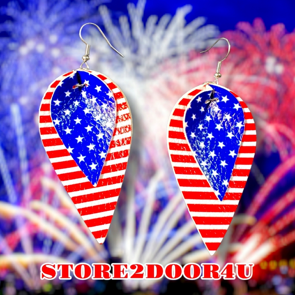 July 4th FAUX LEATHER EARRINGS 2 Layered Memorial Day American Earrings USA